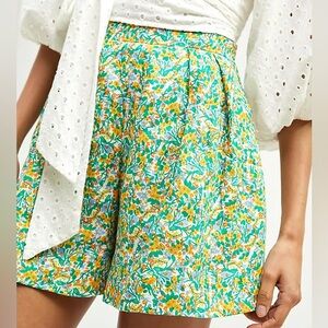 Faithfull the Brand Pleated Linen High Waist shorts in green ditsy floral size 8